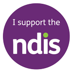 A circular purple badge with the text "I support the ndis" in white letters, with a small green dot above the letter "i" in "ndis.