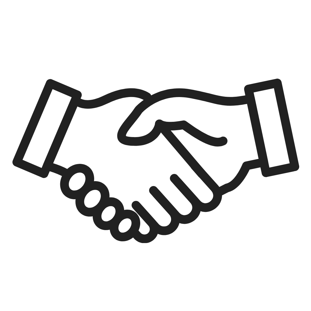 Black and white line drawing of two hands shaking, symbolizing an agreement or partnership in NDIS and disability services for a landing page.