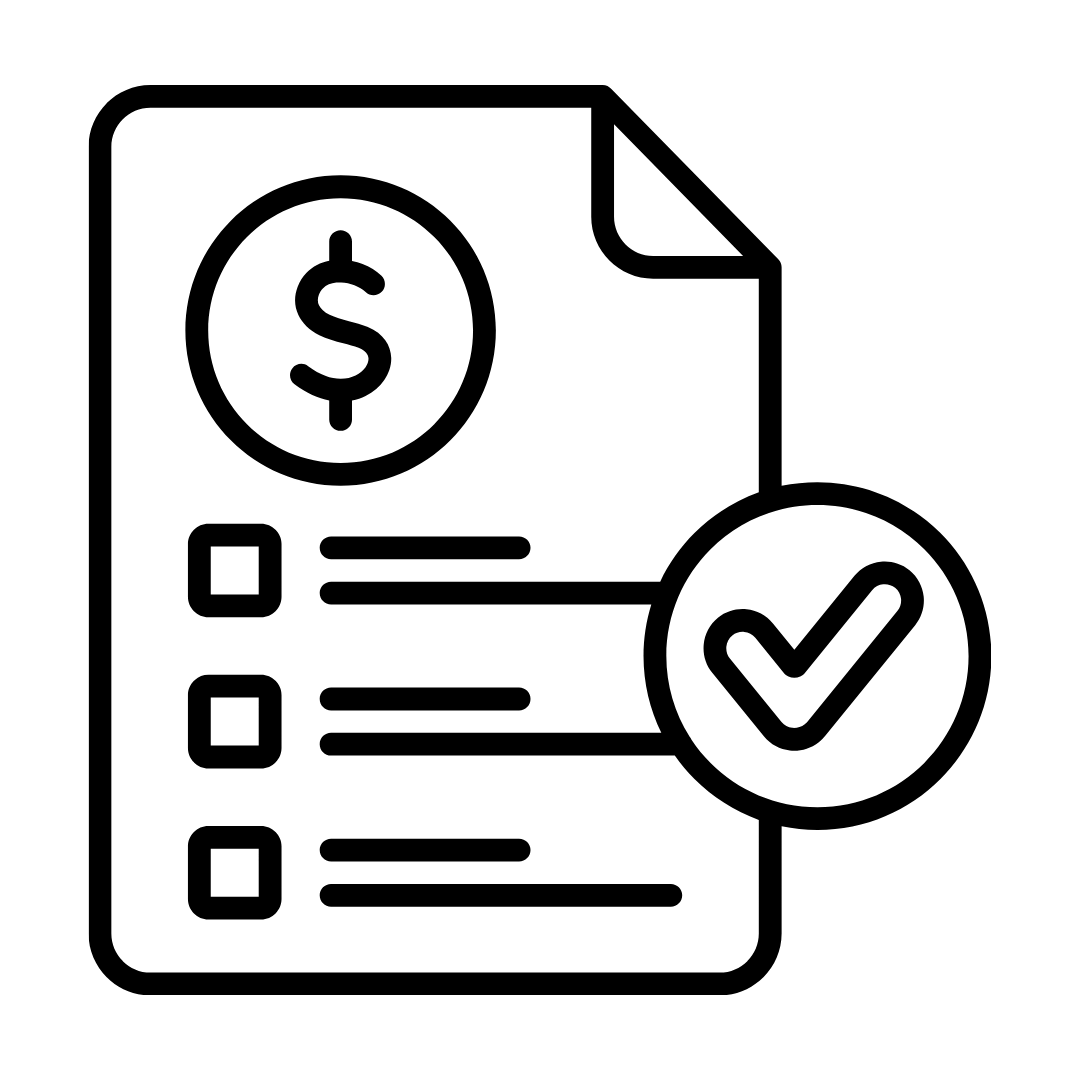 Line drawing of a document with a dollar sign, three checkboxes, and a large checkmark in a circle, perfect for an NDIS landing page to suggest completed financial or billing tasks.