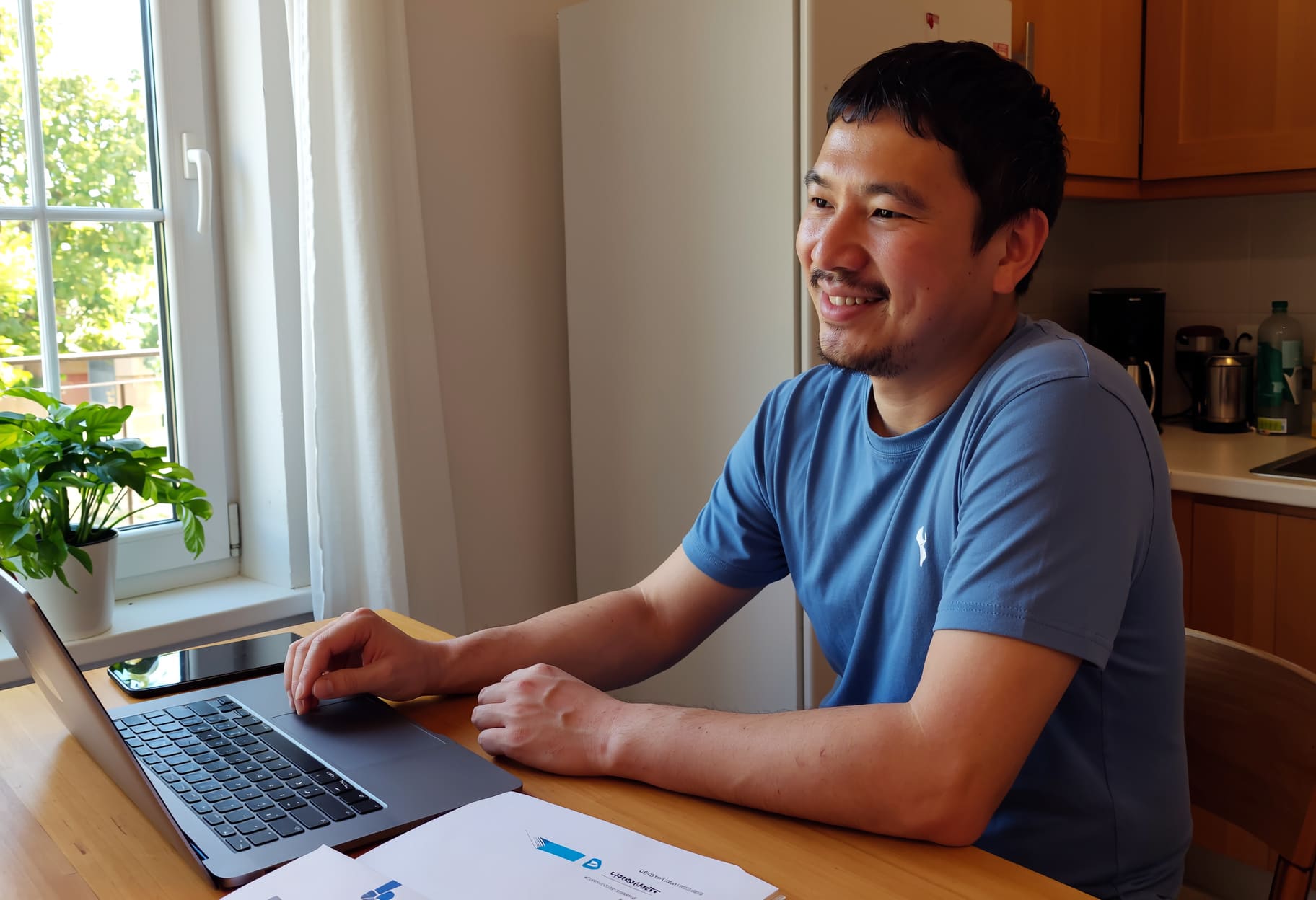 A man in a blue t-shirt sits at a table with his laptop, smiling, in a bright room with kitchen appliances and papers—perfect for an NDIS landing page showcasing everyday moments. A man in a blue t-shirt sits at a table with his laptop, smiling, in a bright room with kitchen appliances and papers—perfect for an NDIS landing page showcasing everyday moments.