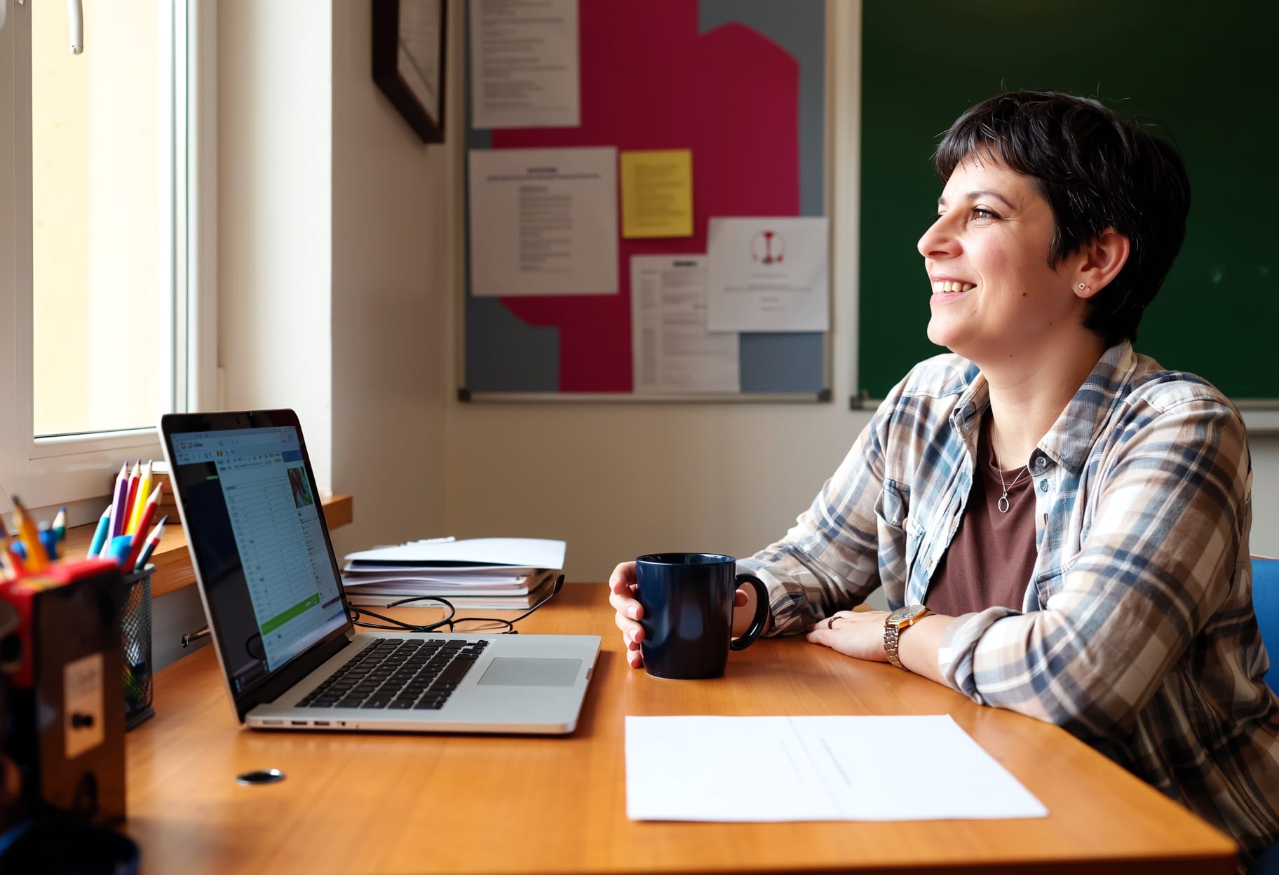 A person sits at a desk with a laptop, holding a mug and smiling while looking out the window—an inviting scene perfect for a WorkCover landing page. Papers, pens, and a corkboard are visible in the background. A person sits at a desk with a laptop, holding a mug and smiling while looking out the window—an inviting scene perfect for a WorkCover landing page. Papers, pens, and a corkboard are visible in the background.